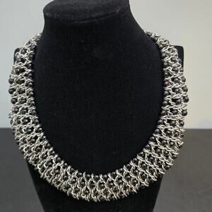 Chunky Silver Tone Mesh Collar Necklace w/ Black Faceted Beads Statement Choker